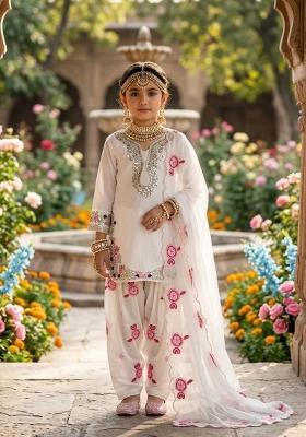 White Embroidered Crepe Kurta Set For Girls