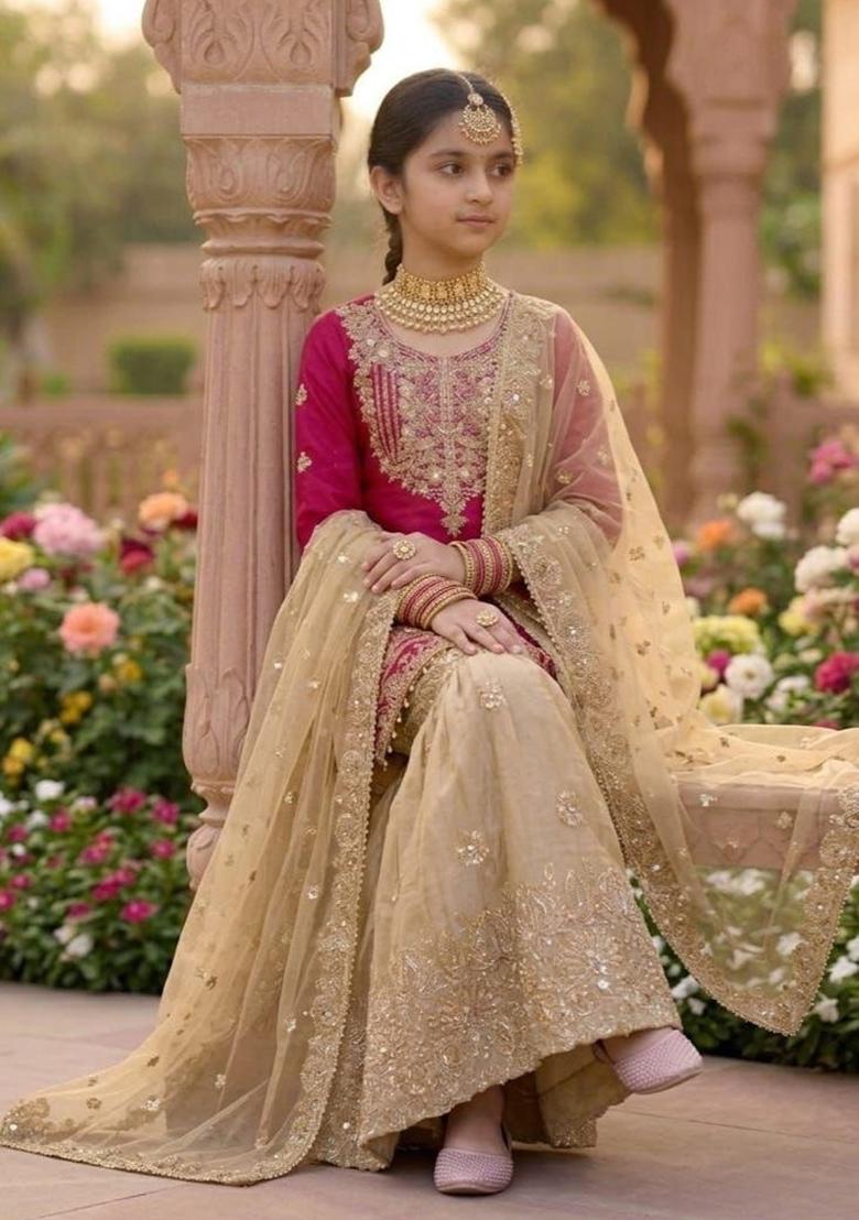 Red Embroidered Silk Kurta Set For Girls - Indya