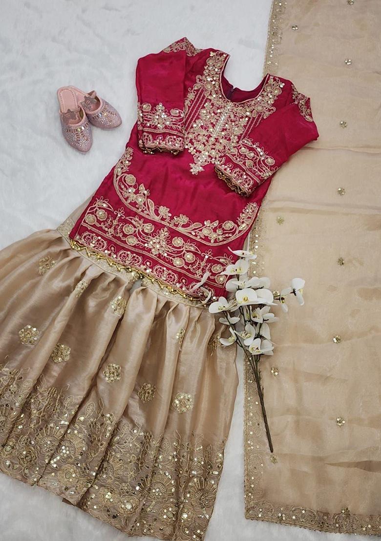 Red Embroidered Silk Kurta Set For Girls - Indya