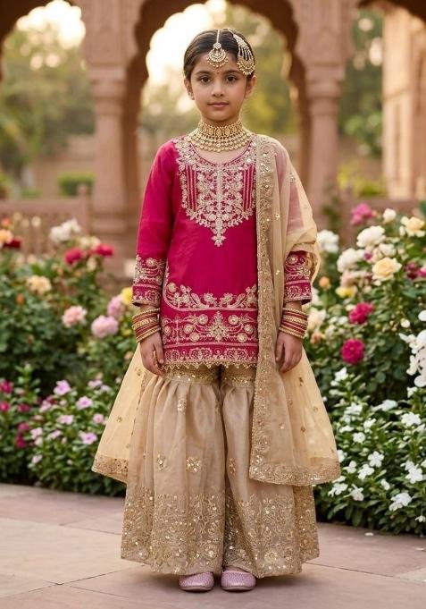Red Embroidered Silk Kurta Set For Girls