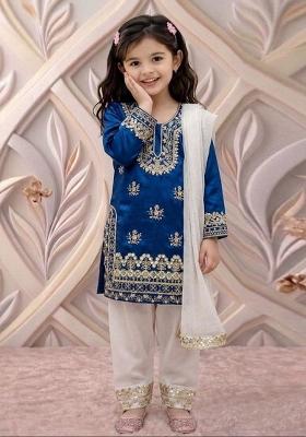Blue Embroidered Silk Kurta Set For Girls