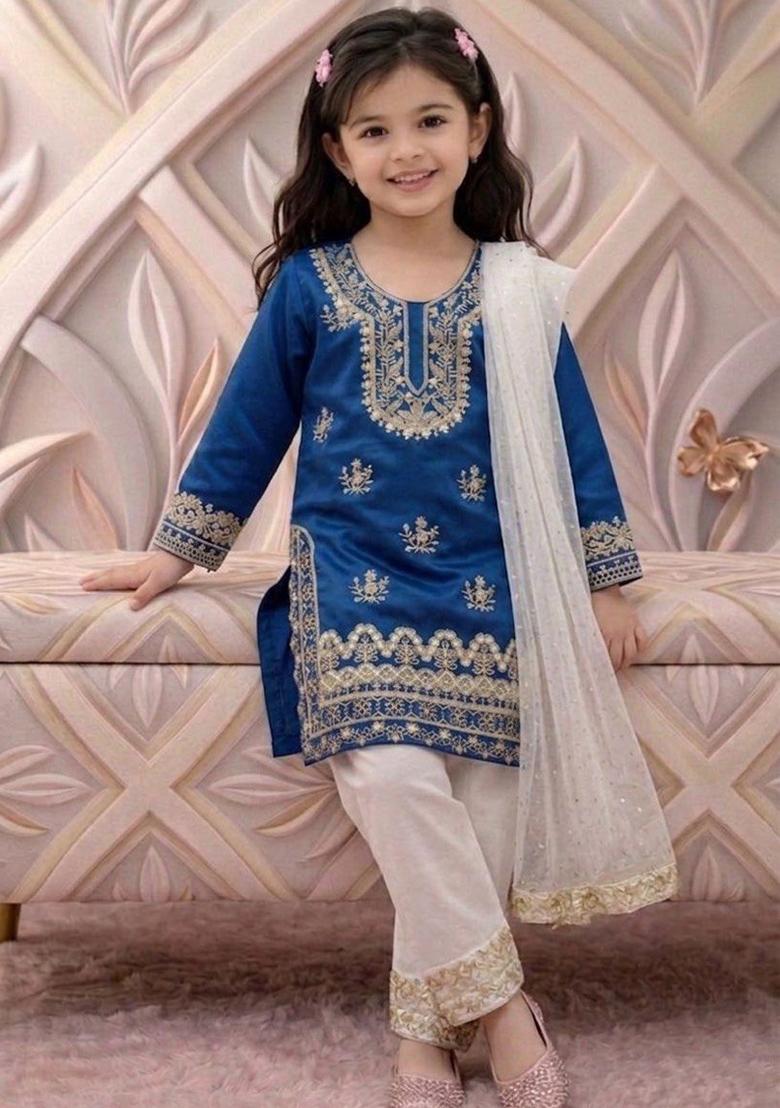 Blue Embroidered Silk Kurta Set For Girls - Indya