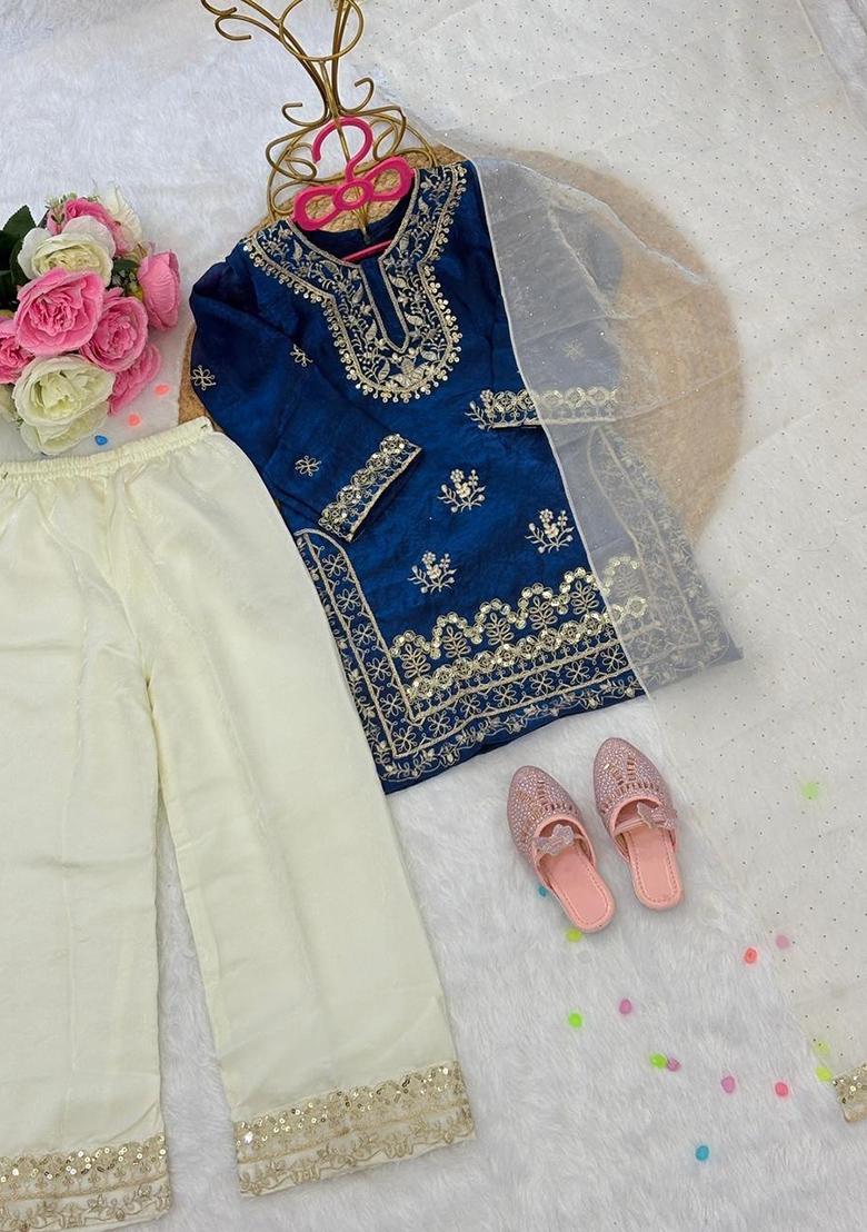 Blue Embroidered Silk Kurta Set For Girls - Indya