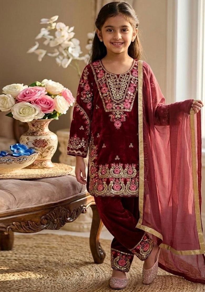 Red Embroidered Silk Kurta Set For Girls - Indya