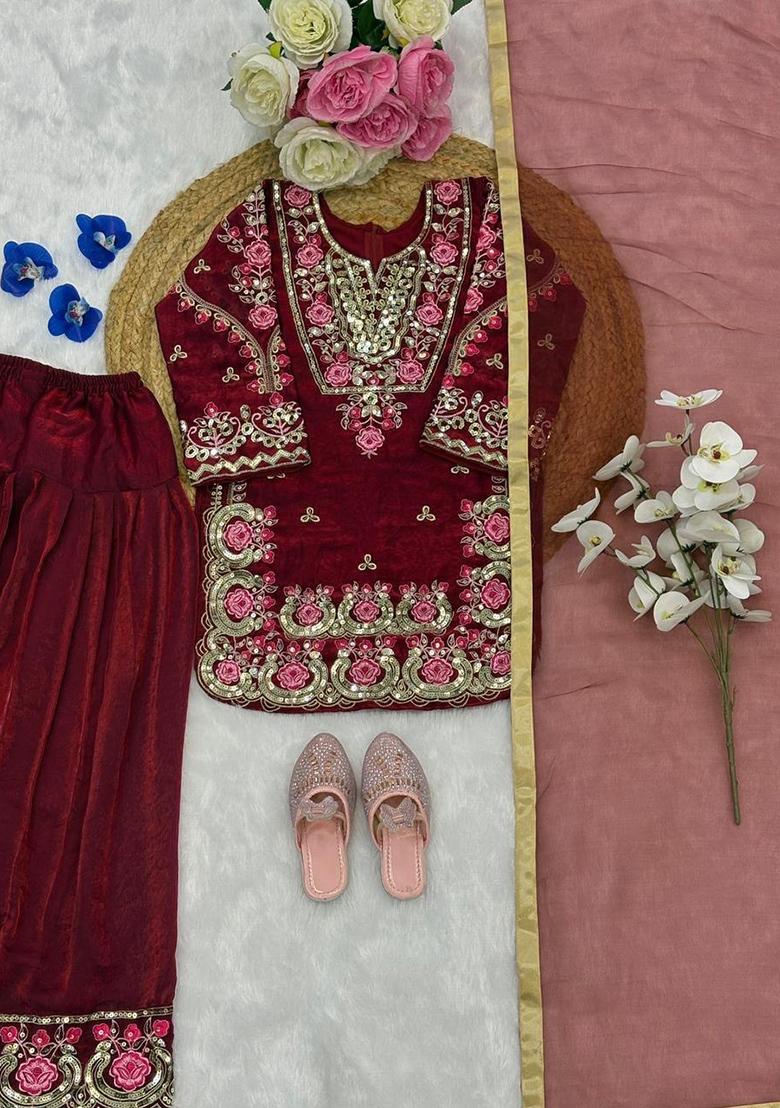Red Embroidered Silk Kurta Set For Girls - Indya
