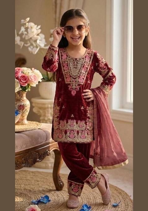 Red Embroidered Silk Kurta Set For Girls