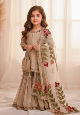 Beige Embroidered Silk Kurta Set For Girls