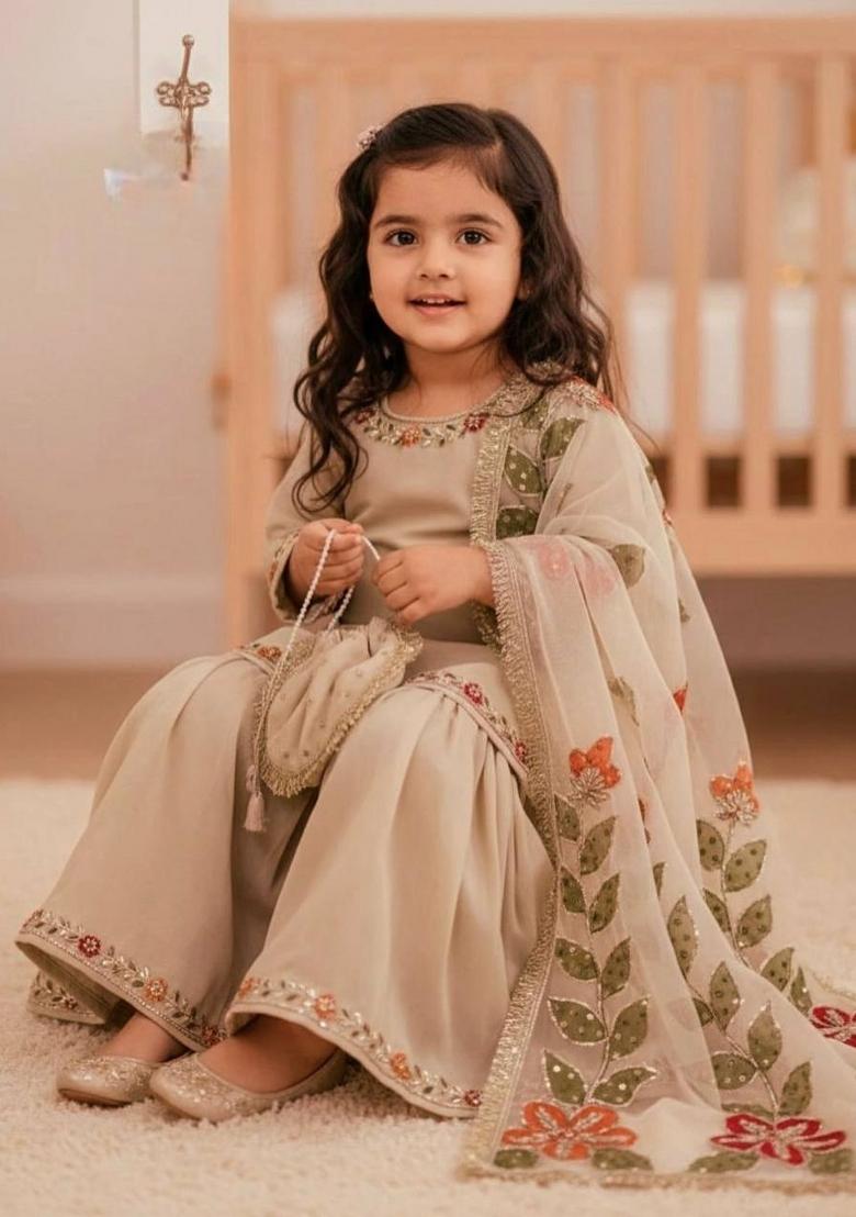 Beige Embroidered Silk Kurta Set For Girls - Indya