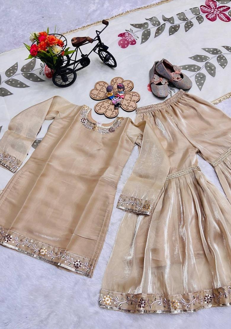 Beige Embroidered Silk Kurta Set For Girls - Indya