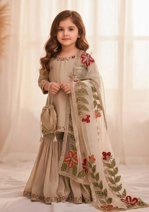 Beige Embroidered Silk Kurta Set For Girls