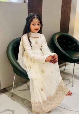 White Embroidered Silk Kurta Set For Girls