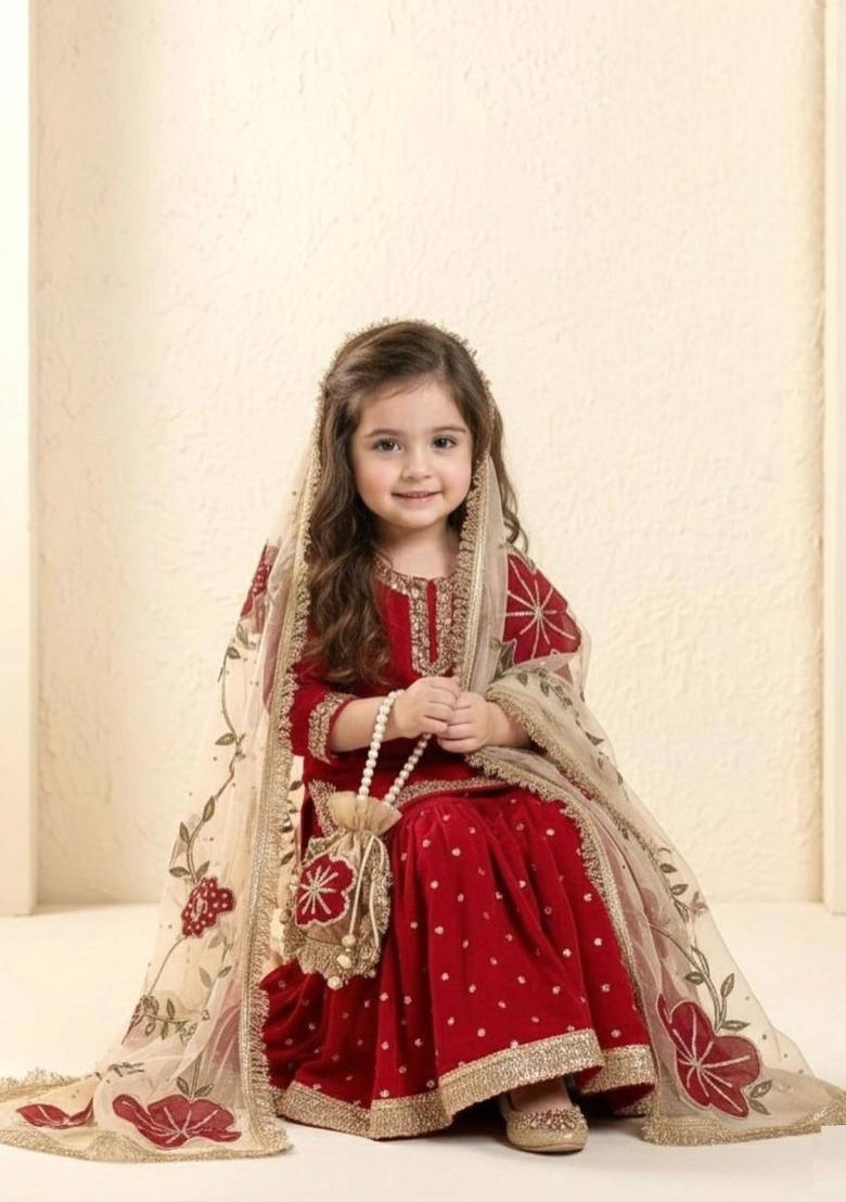 Maroon Embroidered Silk Kurta Set For Girls - Indya