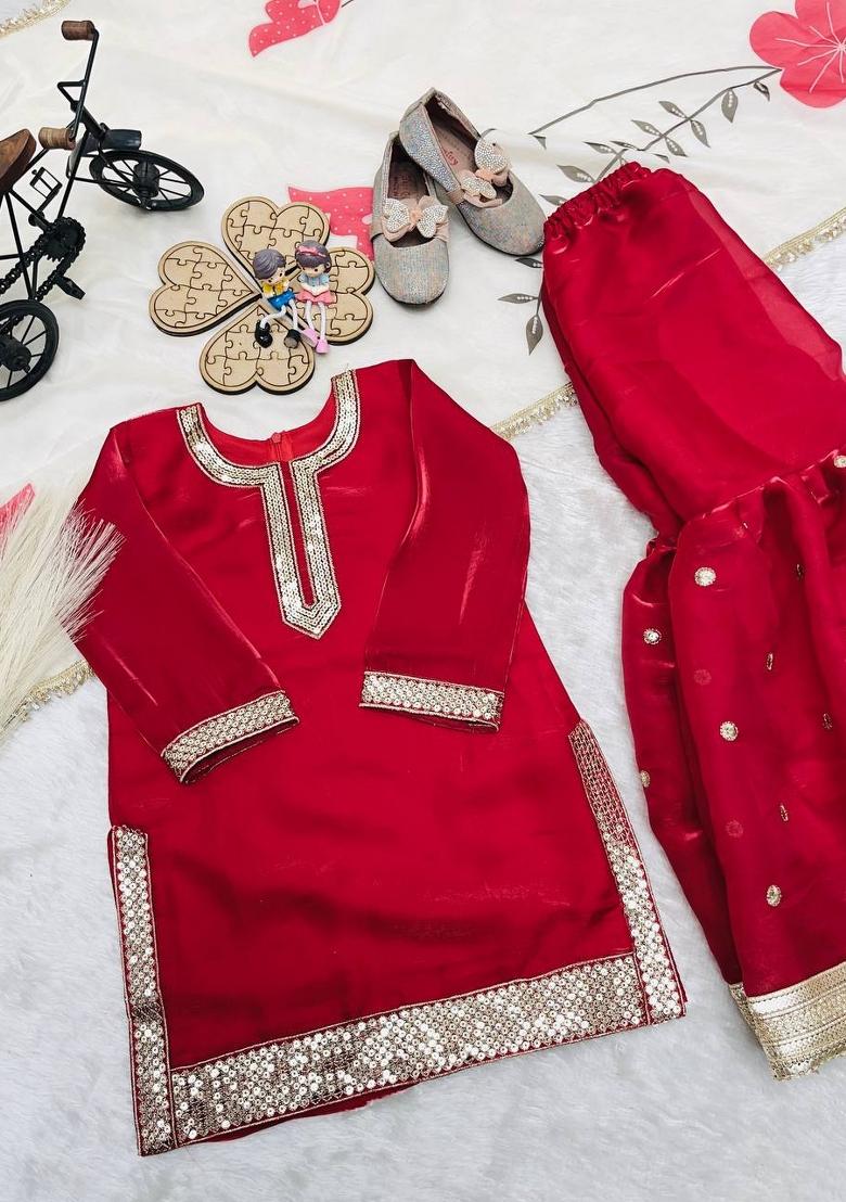 Maroon Embroidered Silk Kurta Set For Girls - Indya