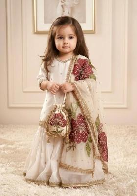 White Embroidered Silk Kurta Set For Girls