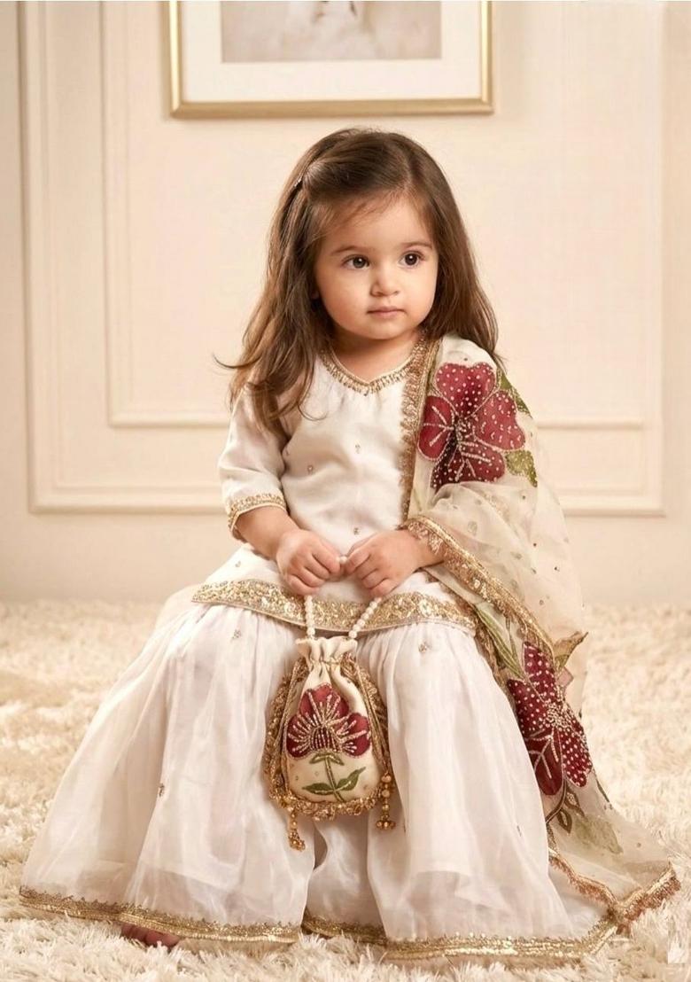 White Embroidered Silk Kurta Set For Girls - Indya