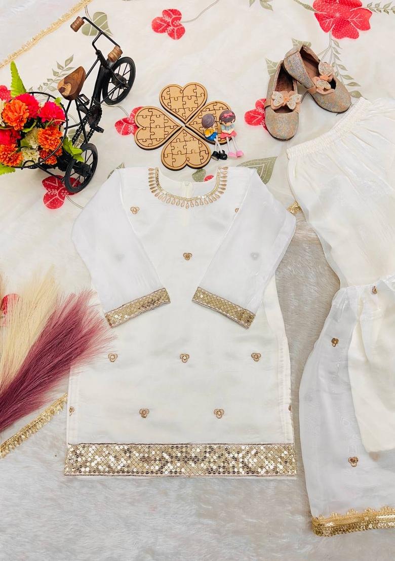 White Embroidered Silk Kurta Set For Girls - Indya
