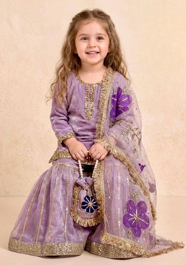 Purple Embroidered Silk Kurta Set For Girls - Indya