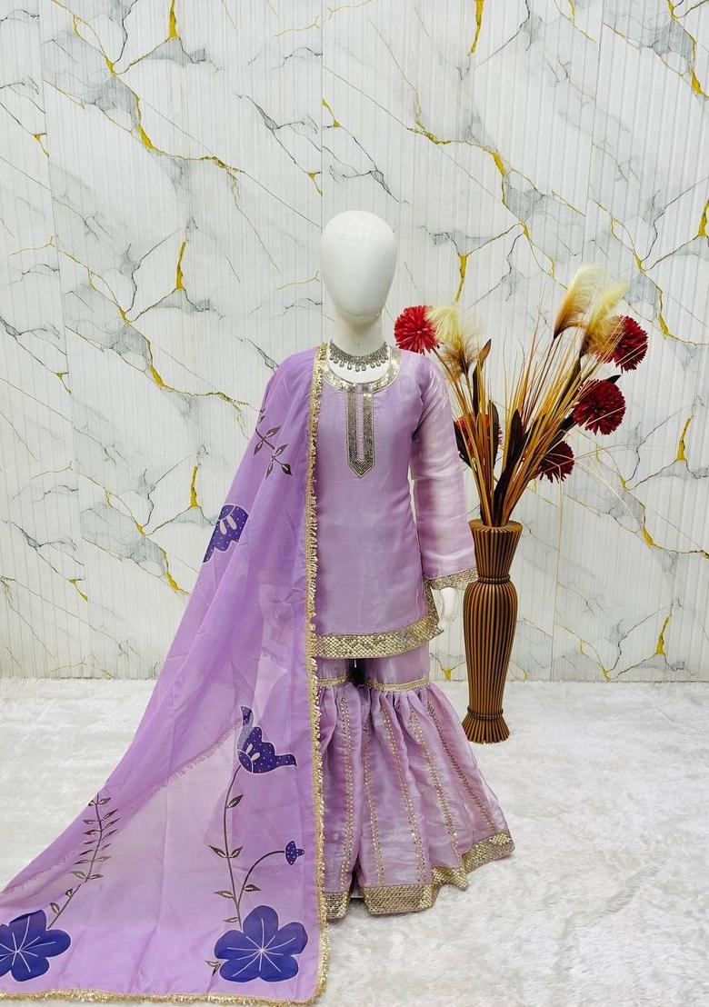 Purple Embroidered Silk Kurta Set For Girls - Indya