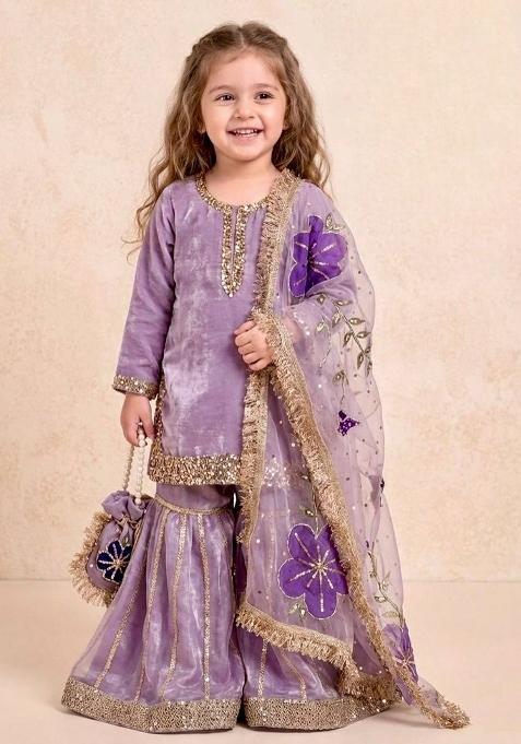 Purple Embroidered Silk Kurta Set For Girls