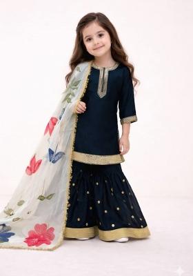 Black Embroidered Silk Kurta Set For Girls