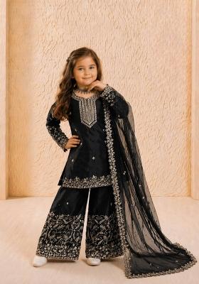 Black Embroidered Silk Kurta Set For Girls