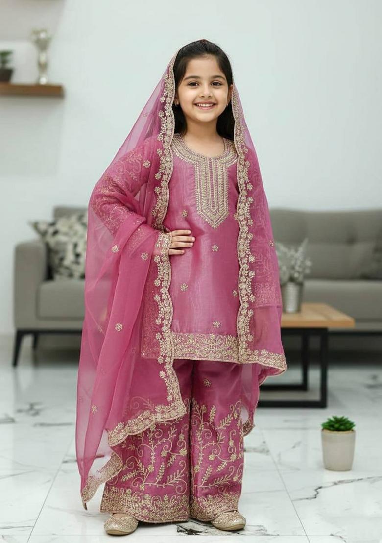 Pink Embroidered Silk Kurta Set For Girls - Indya
