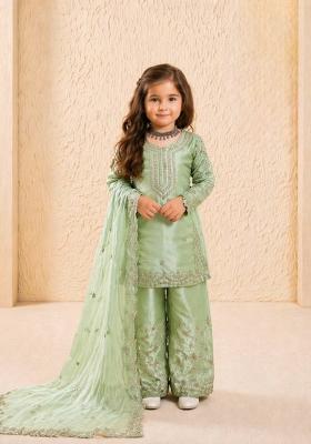 Green Embroidered Silk Kurta Set For Girls