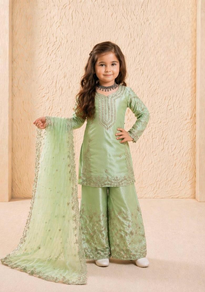 Green Embroidered Silk Kurta Set For Girls - Indya