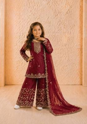 Red Embroidered Silk Kurta Set For Girls