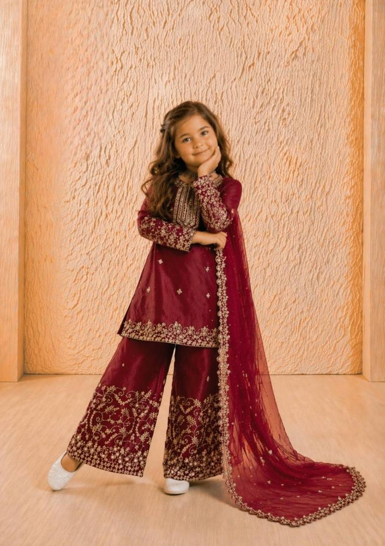 Red Embroidered Silk Kurta Set For Girls - Indya