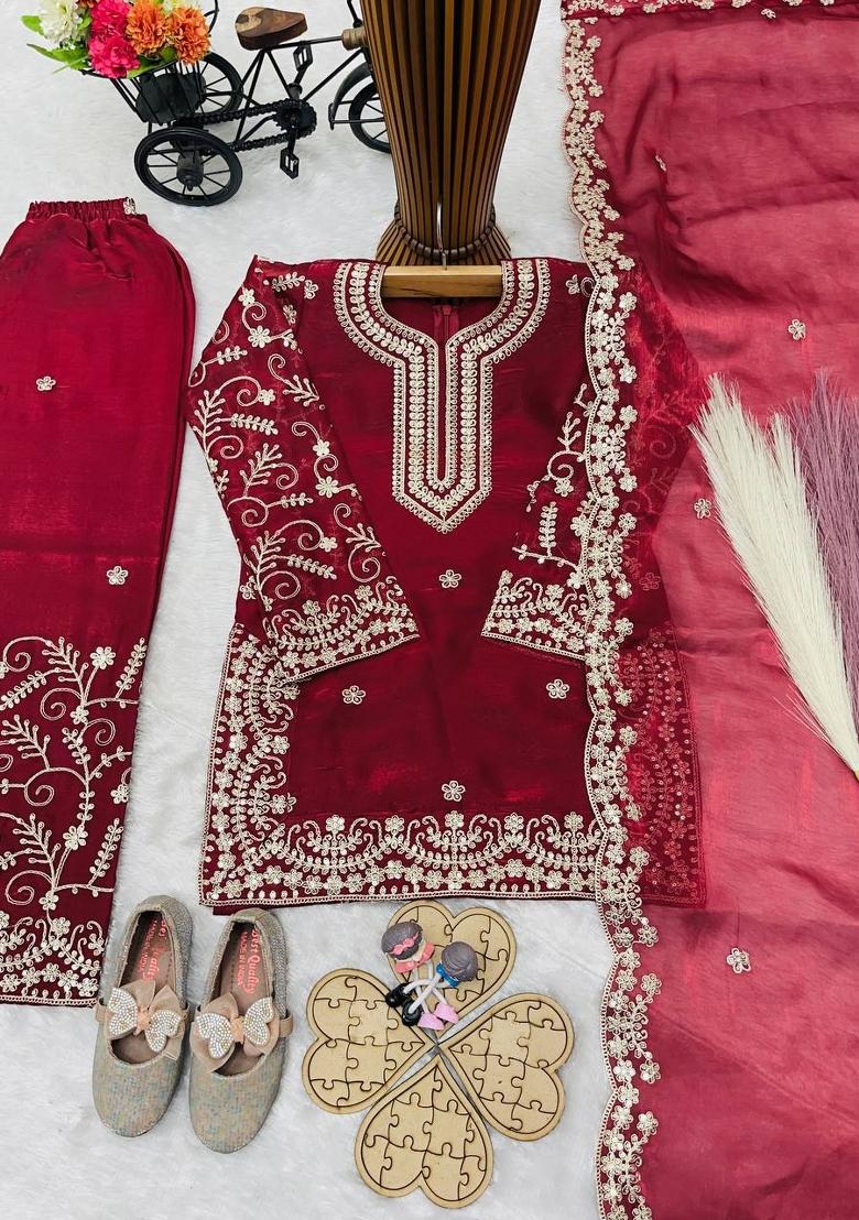 Red Embroidered Silk Kurta Set For Girls - Indya
