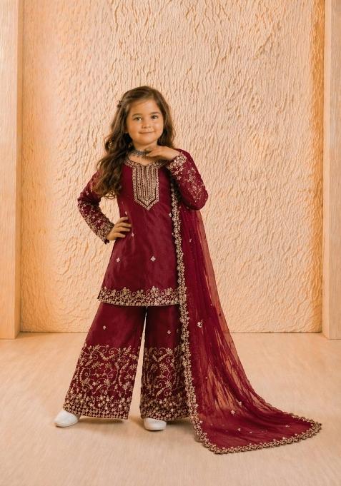 Red Embroidered Silk Kurta Set For Girls