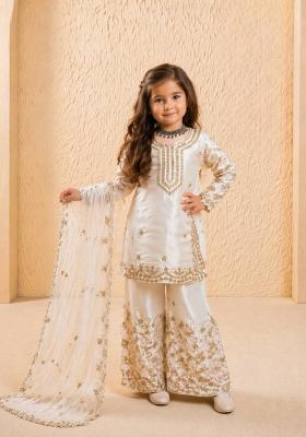 White Embroidered Silk Kurta Set For Girls