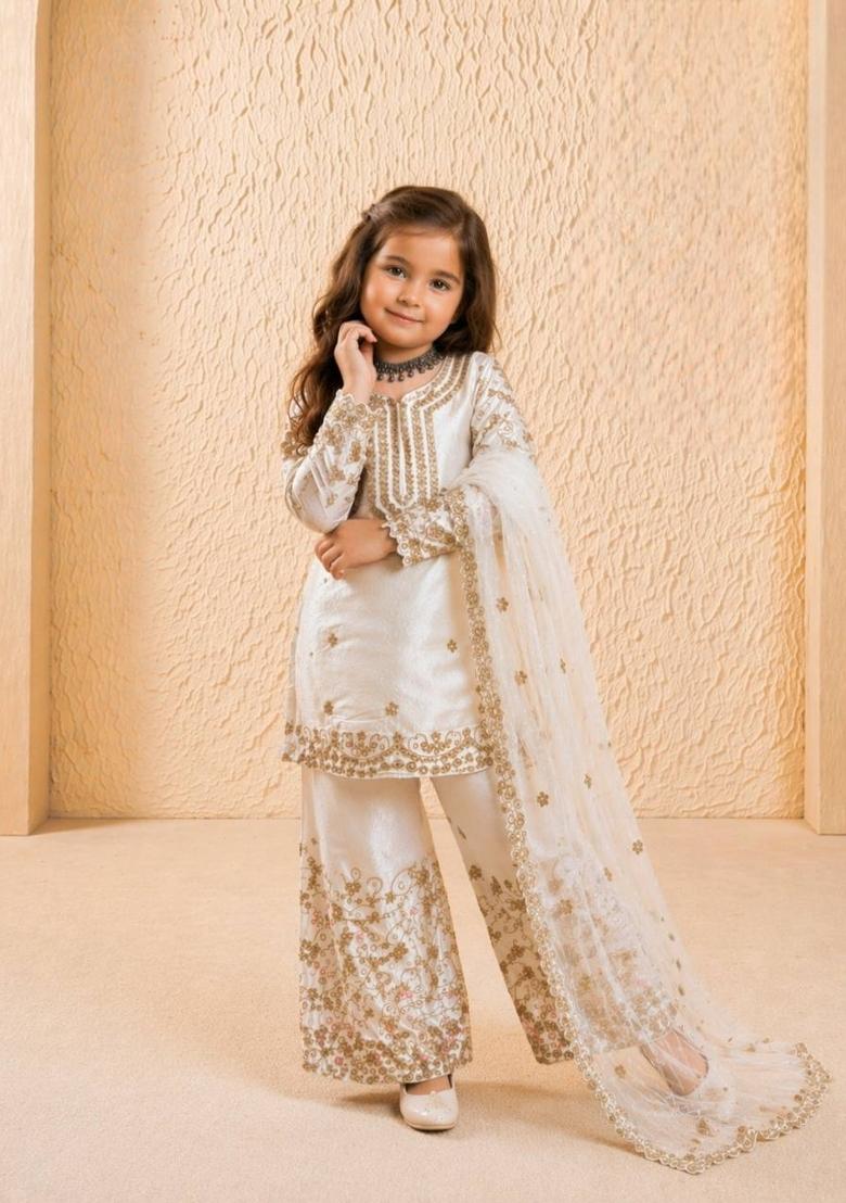 White Embroidered Silk Kurta Set For Girls - Indya
