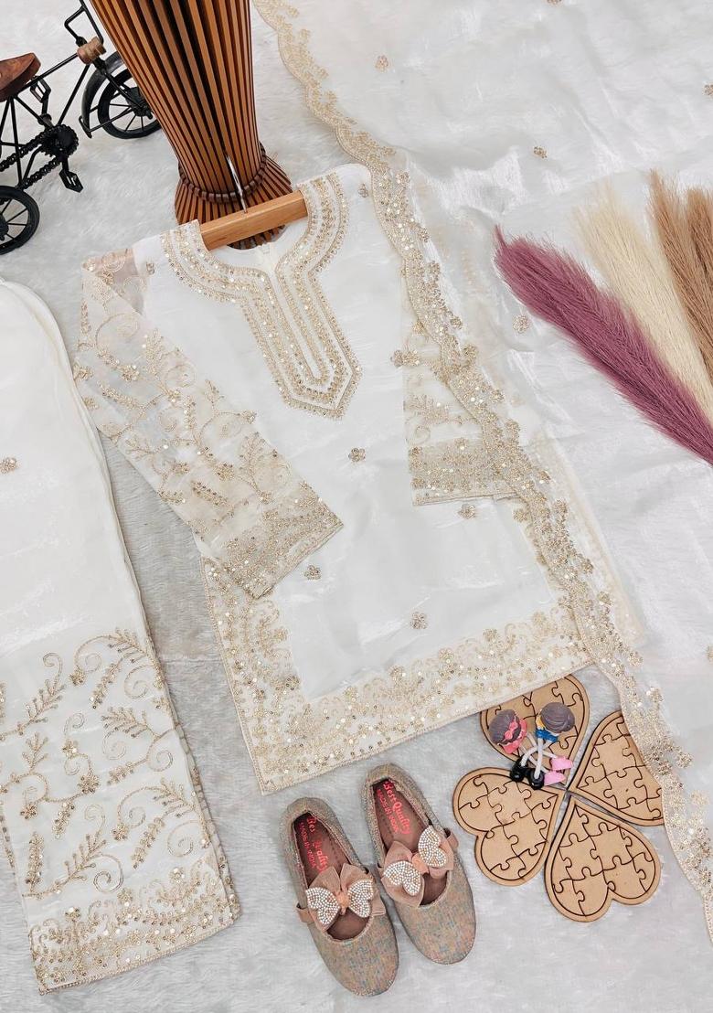 White Embroidered Silk Kurta Set For Girls - Indya