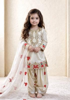 Beige Embroidered Crepe Kurta Set For Girls