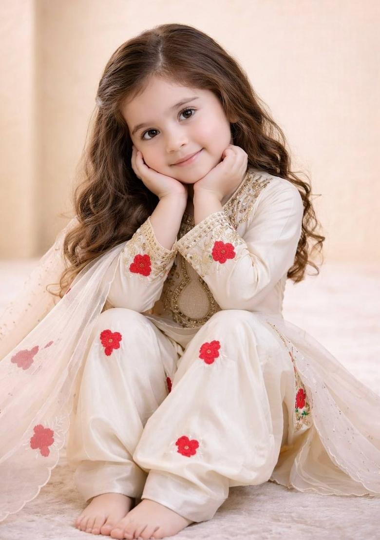 Beige Embroidered Crepe Kurta Set For Girls - Indya
