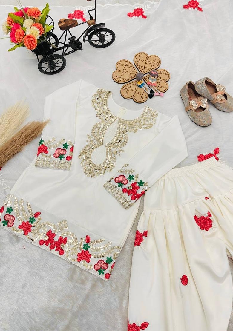 Beige Embroidered Crepe Kurta Set For Girls - Indya