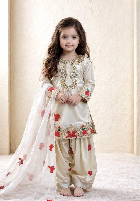 Beige Embroidered Crepe Kurta Set For Girls