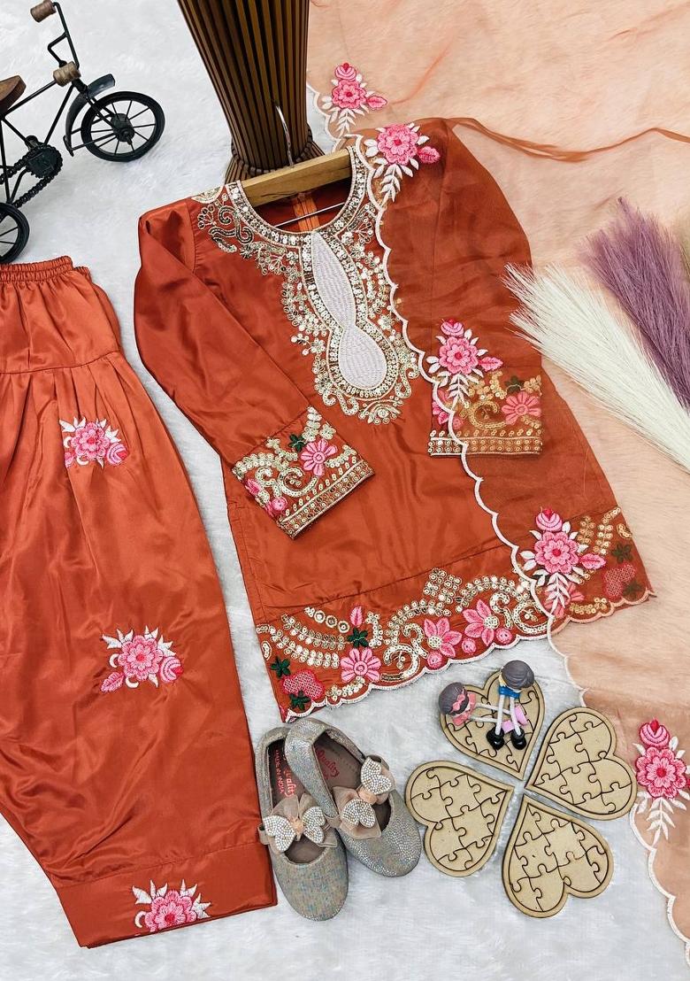 Orange Embroidered Crepe Kurta Set For Girls - Indya