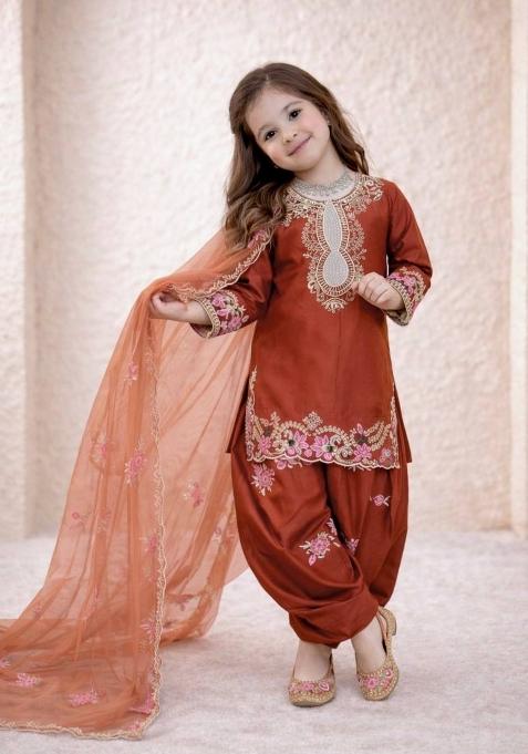 Orange Embroidered Crepe Kurta Set For Girls
