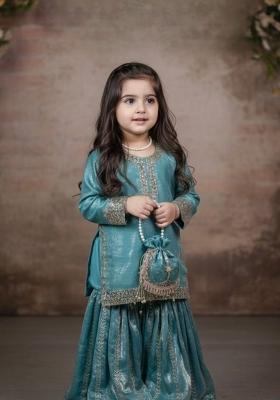 Turquoise Embroidered Silk Kurta Set For Girls