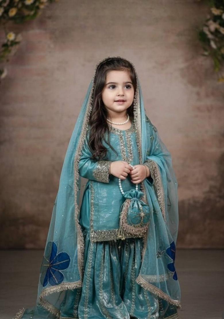Turquoise Embroidered Silk Kurta Set For Girls - Indya