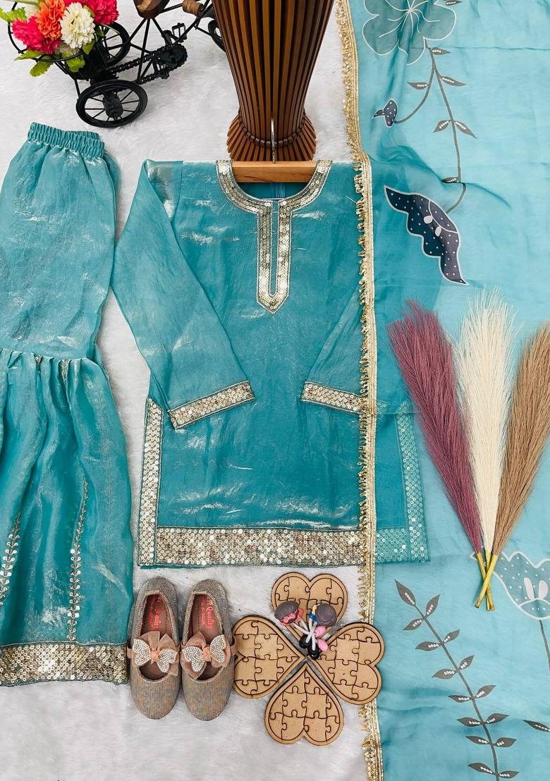 Turquoise Embroidered Silk Kurta Set For Girls - Indya