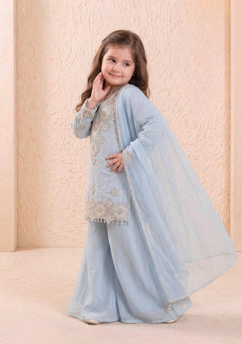 Blue Embroidered Georgette Kurta Set For Girls - Indya