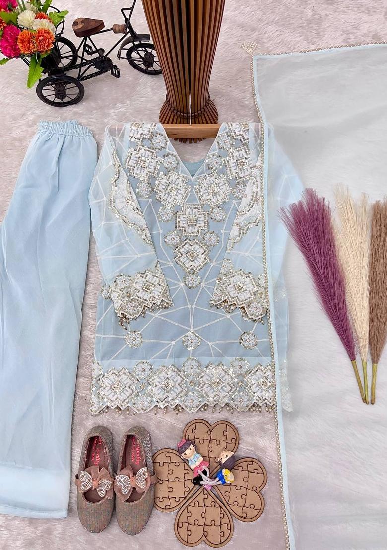 Blue Embroidered Georgette Kurta Set For Girls - Indya