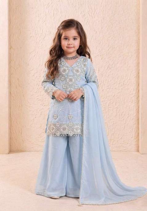 Blue Embroidered Georgette Kurta Set For Girls