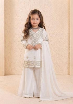 White Embroidered Georgette Kurta Set For Girls