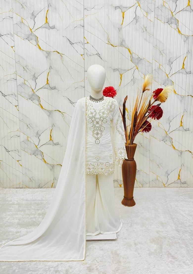 White Embroidered Georgette Kurta Set For Girls - Indya