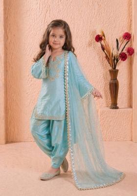 Blue Embroidered Silk Kurta Set For Girls